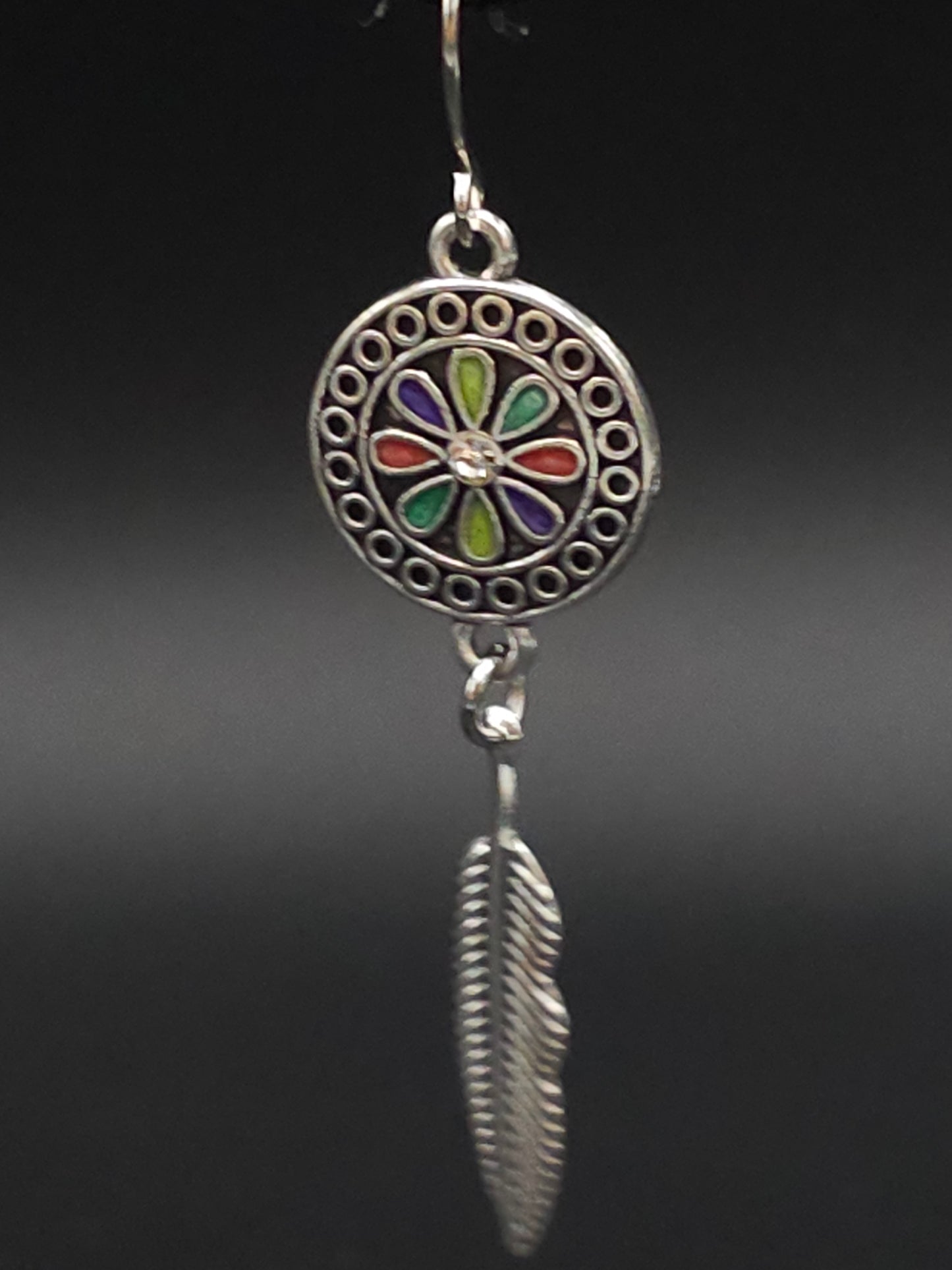 Colorful Dream Catcher Earrings With a Feather Drop and Bling Center