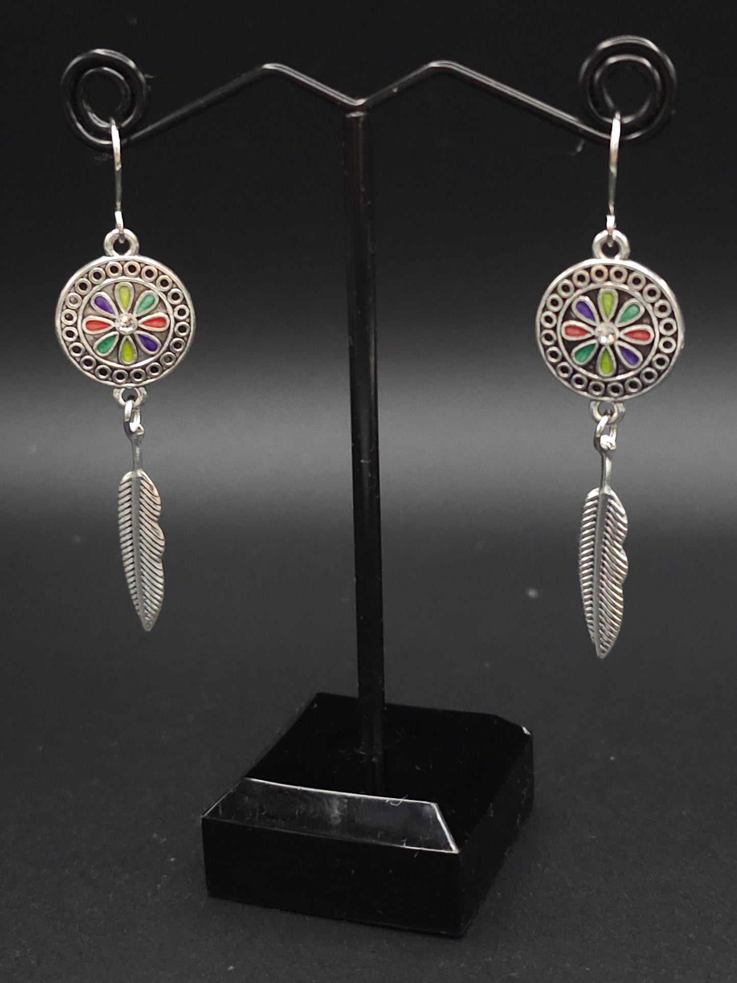 Colorful Dream Catcher Earrings With a Feather Drop and Bling Center
