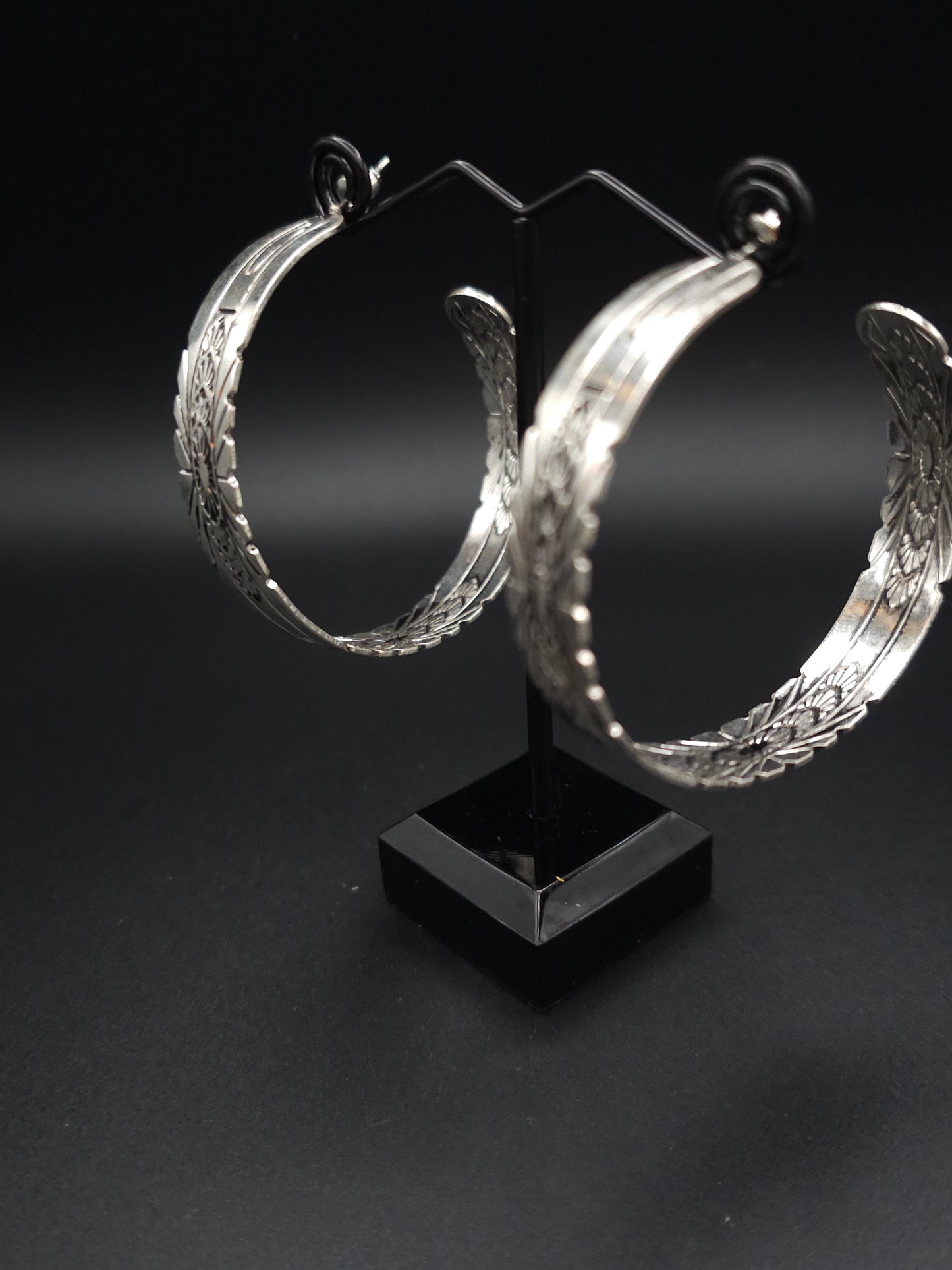 Intricately Carved Silver Hoops