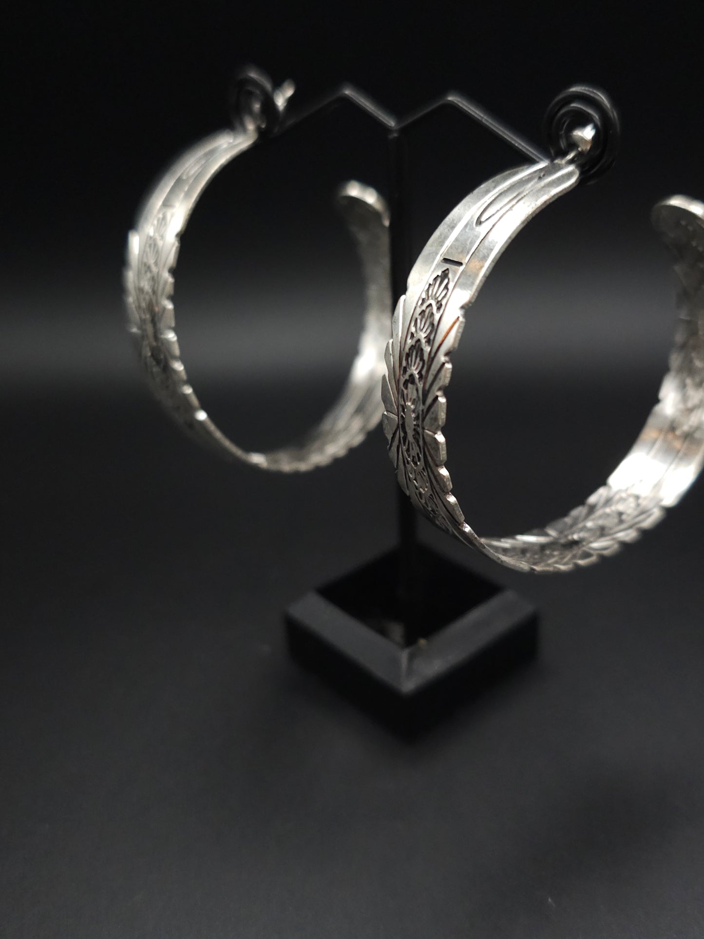 Intricately Carved Silver Hoops