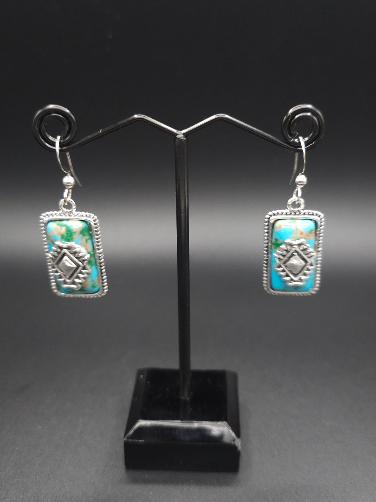 Cute Green and Turquoise Earrings With Silver Tribal Print Center