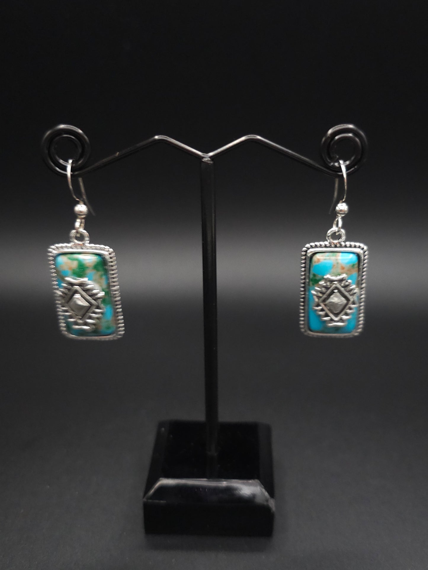 Cute Green and Turquoise Earrings With Silver Tribal Print Center