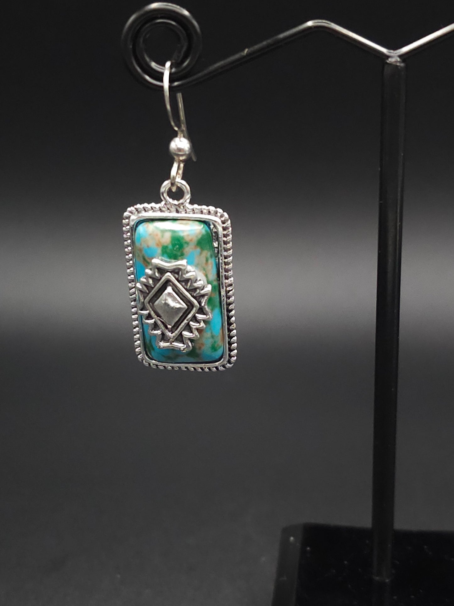 Cute Green and Turquoise Earrings With Silver Tribal Print Center