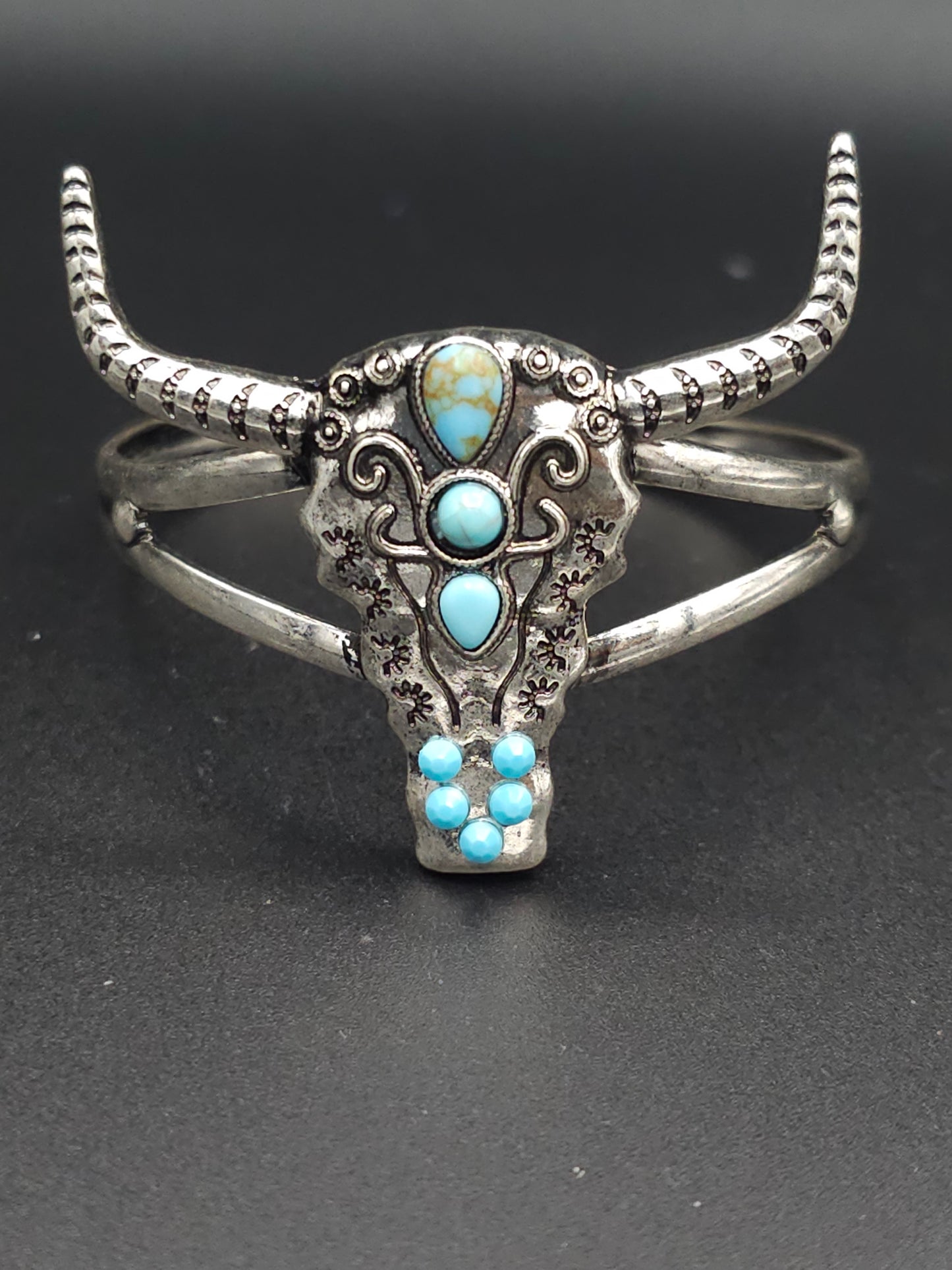 Buffalo Skull Silver Cuff Bracelet With the Perfect Touch Of Turquoise