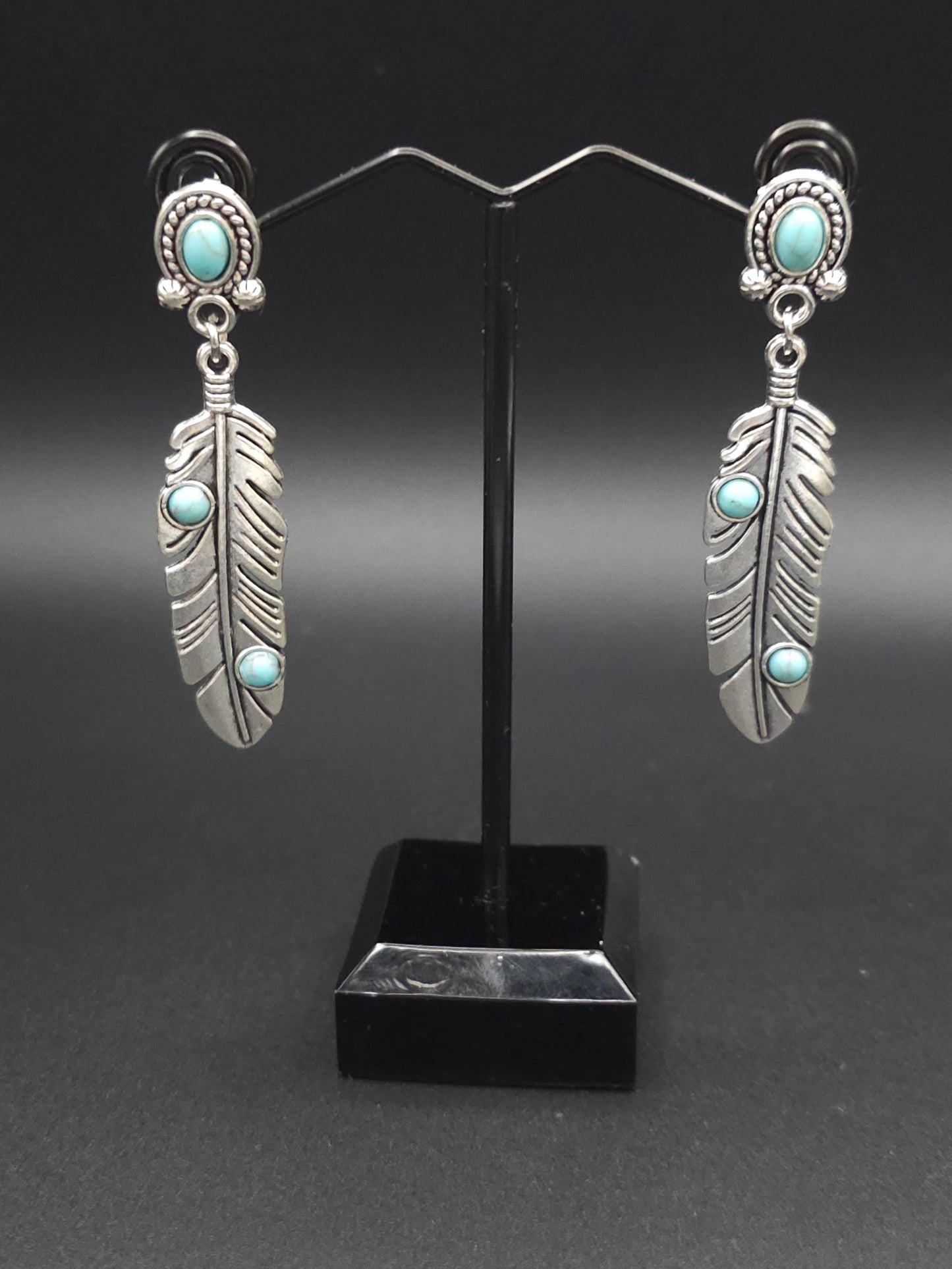 Beautiful Silver Feather Earrings with Turquoise Accents