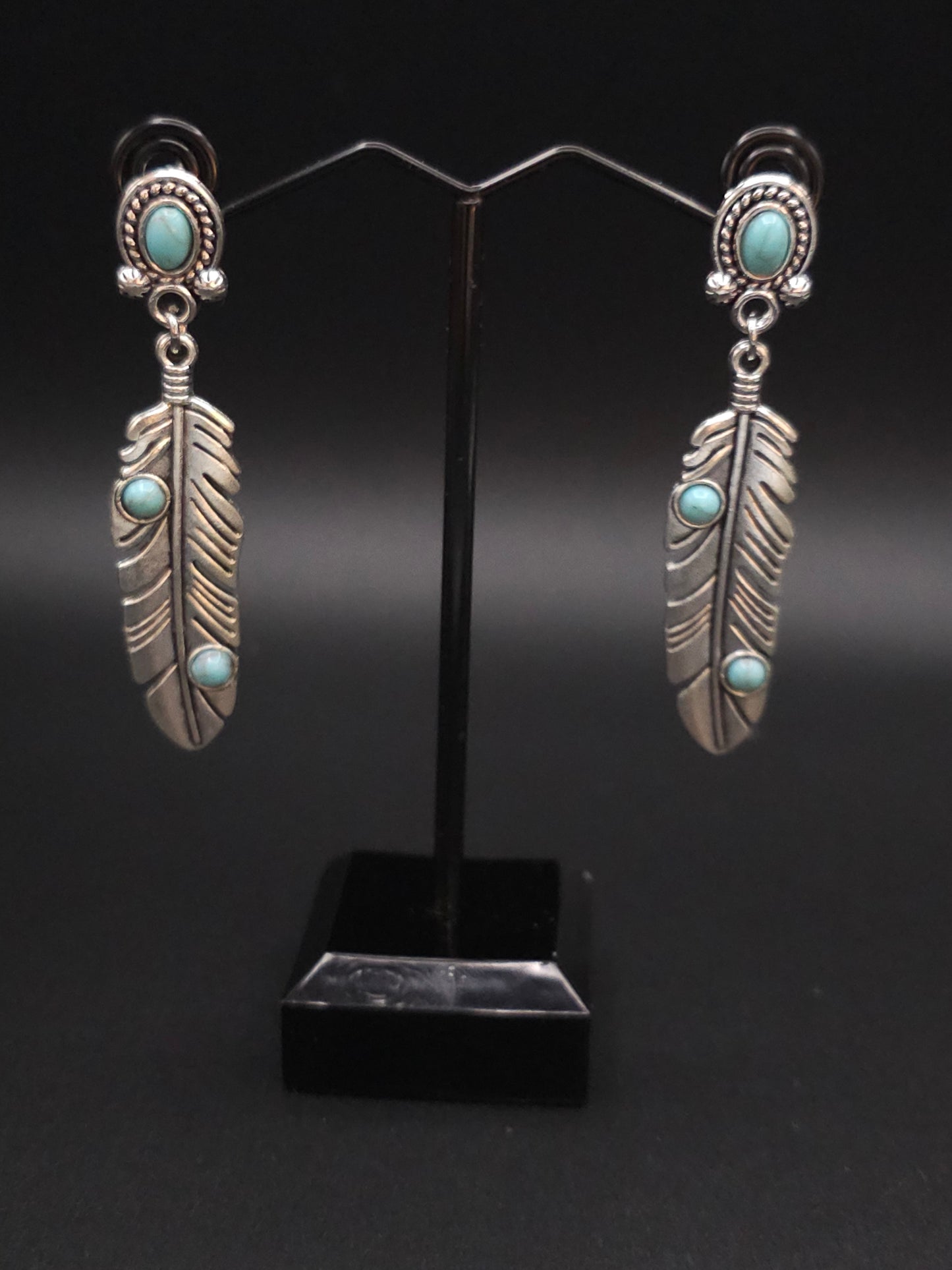 Beautiful Silver Feather Earrings with Turquoise Accents