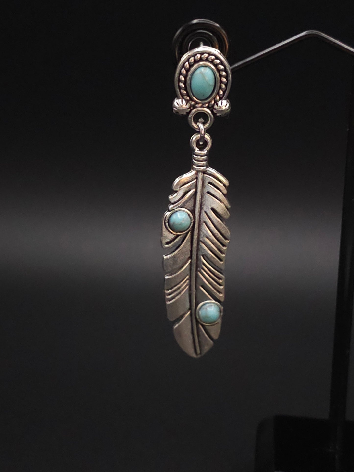 Beautiful Silver Feather Earrings with Turquoise Accents