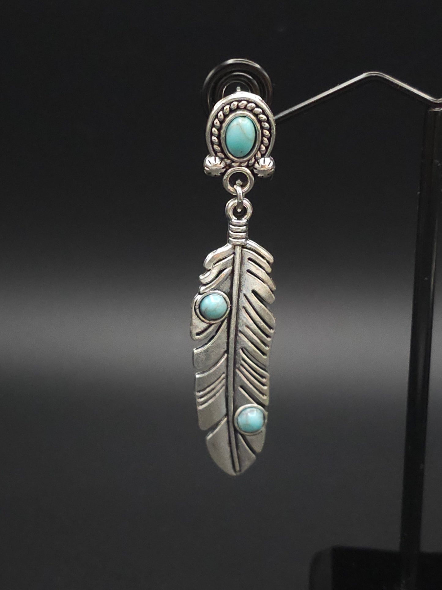 Beautiful Silver Feather Earrings with Turquoise Accents