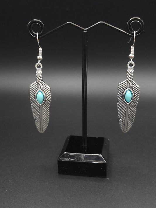 Silver Feather with Oblong Turquoise Center