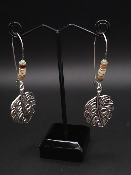 Silver Beaded Monstera Leaf Earrings