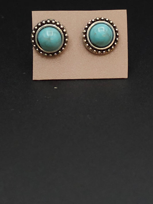 Round Turquoise and Silver Edged Stud Earrings