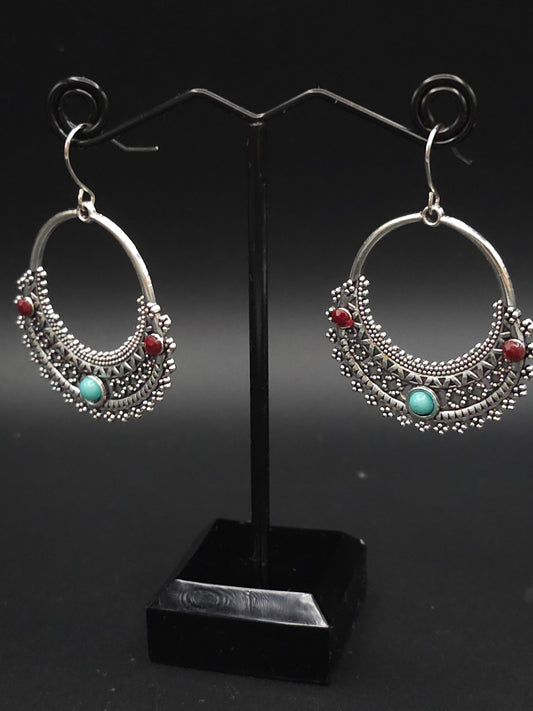 Stunning Highly Decorated Boho Turquoise and Coral Hoop Earrings