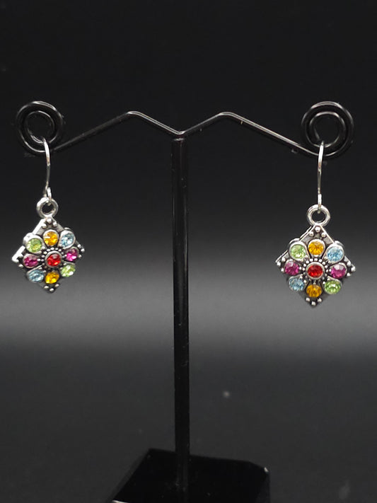 Colorful Gemstone Diamond Shape Silver Earrings