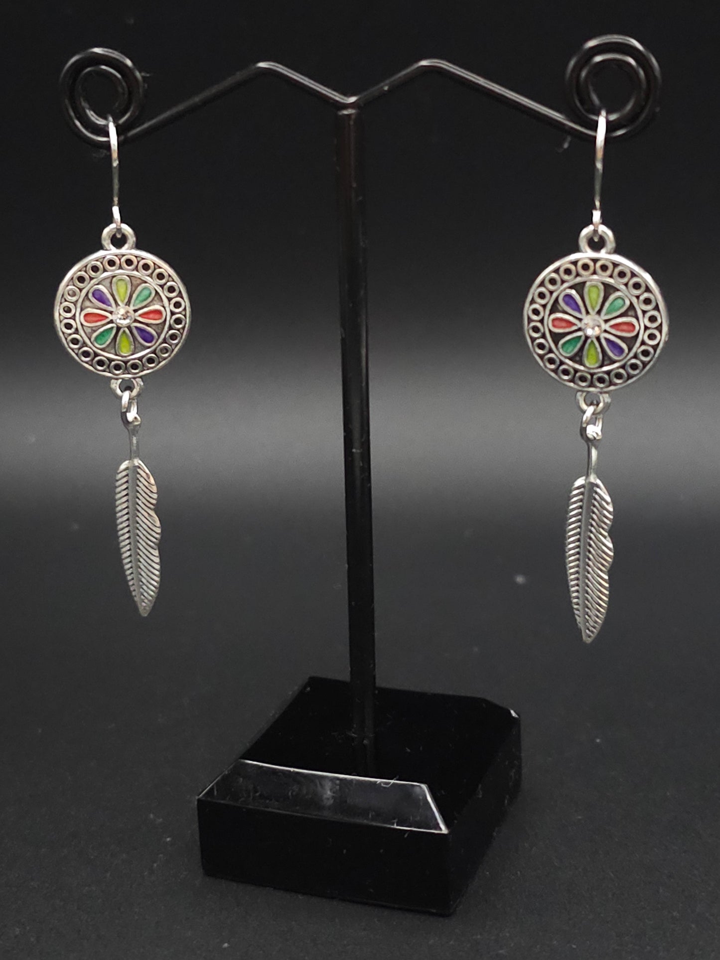 Colorful Dream Catcher Earrings  With a Feather Drop and Bling Center