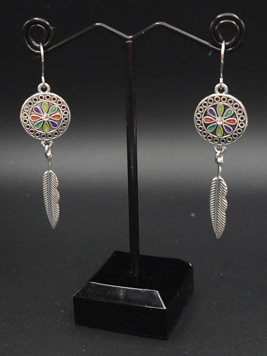 Colorful Dream Catcher Earrings  With a Feather Drop and Bling Center