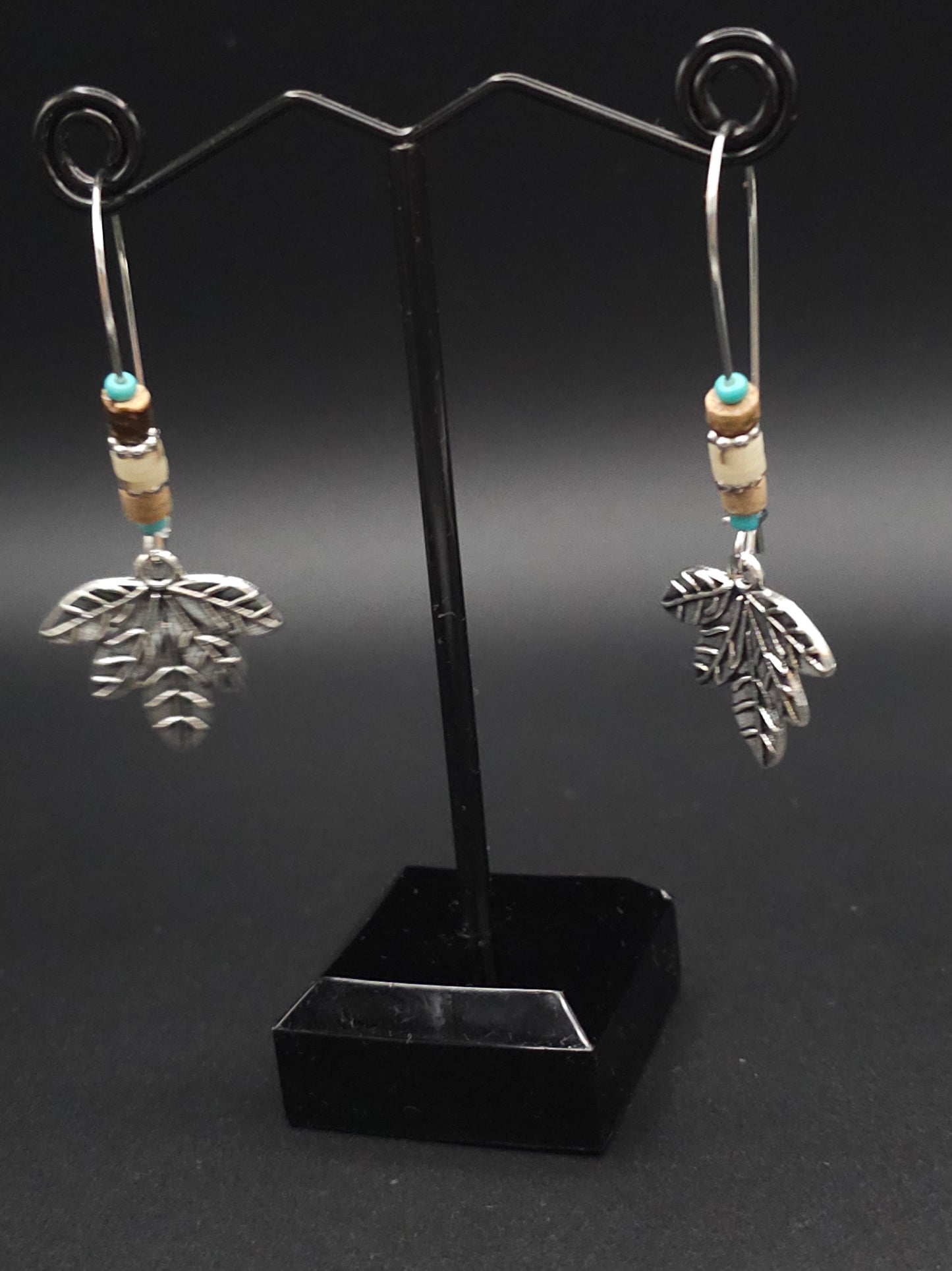 Beaded Silver Leaf Earrings With a Touch of Wood and Turquoise