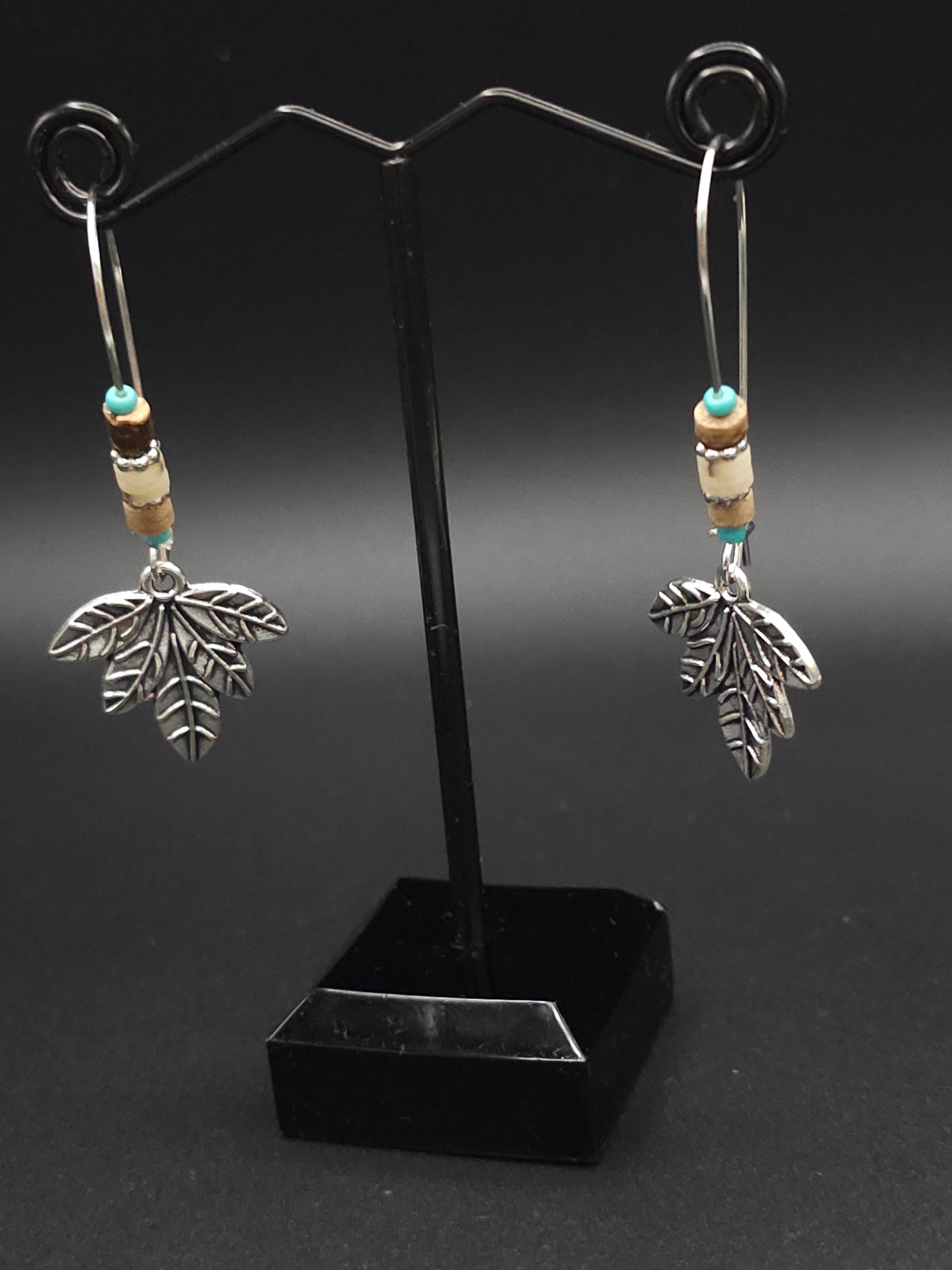 Beaded Silver Leaf Earrings With a Touch of Wood and Turquoise