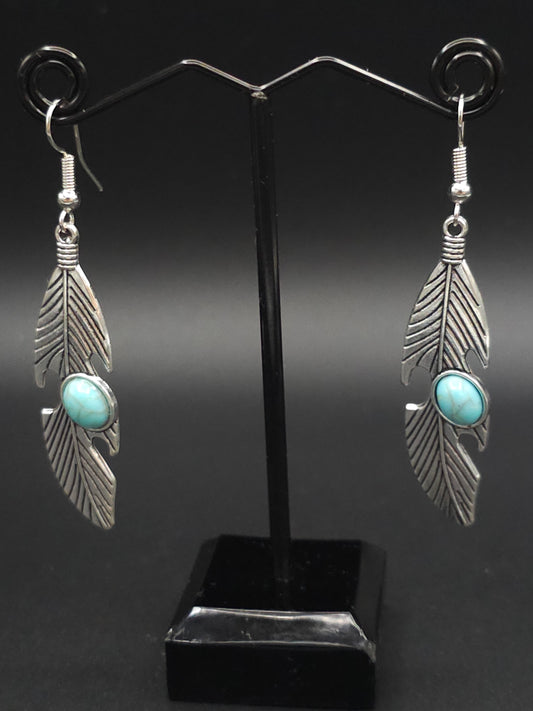 Silver Feather Earrings With a Touch of Turquoise