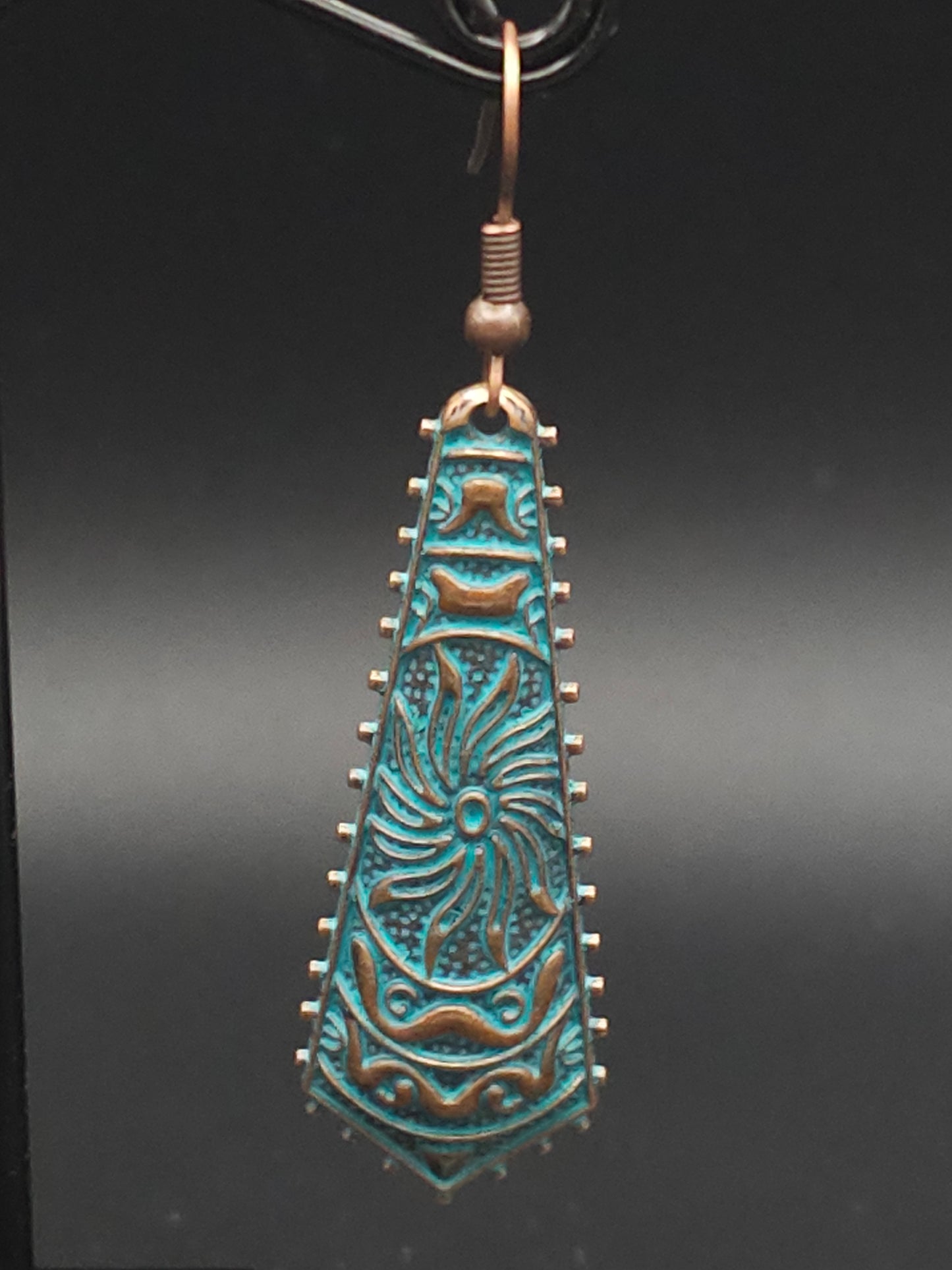 Full Patina Copper Intricately Carved Drop Earrings
