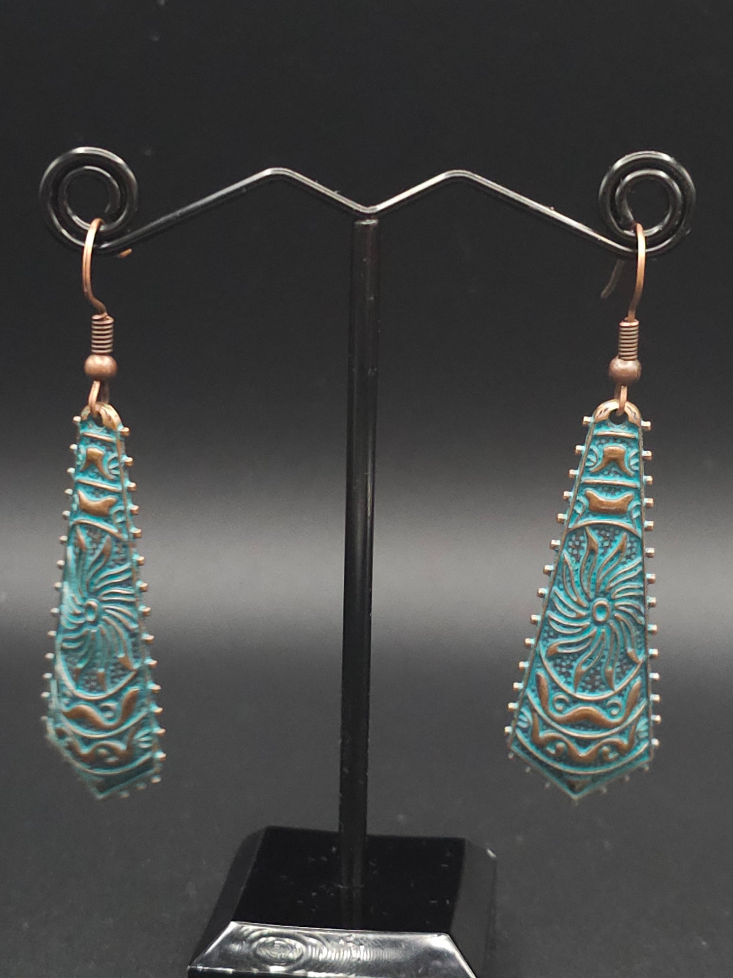 Full Patina Copper Intricately Carved Drop Earrings