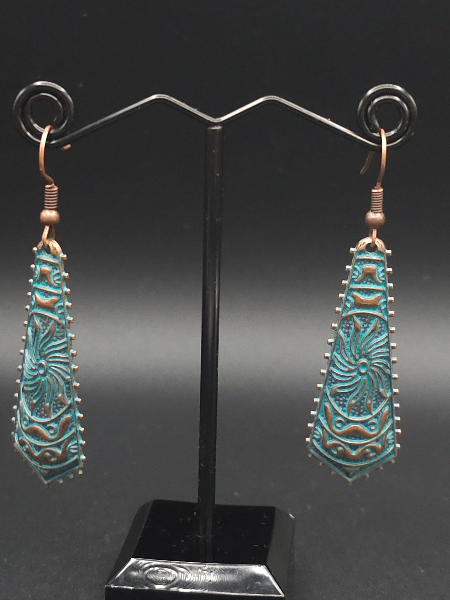 Full Patina Copper Intricately Carved Drop Earrings