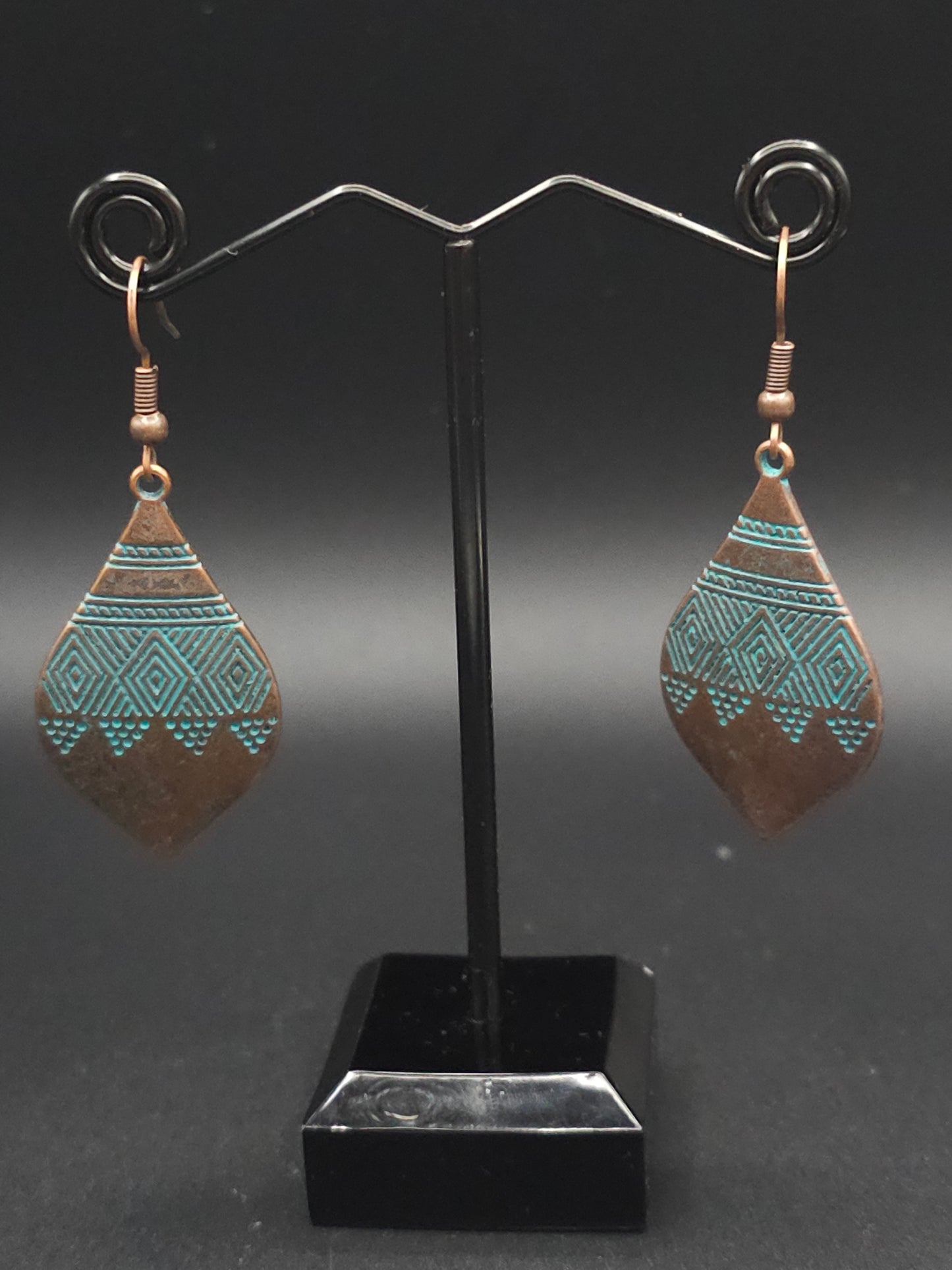 Carved, Spoon Shaped Patina Copper Drop Earrings