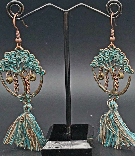 Stunning Tree of Life Patina Copper Earrings with Roots of Thread