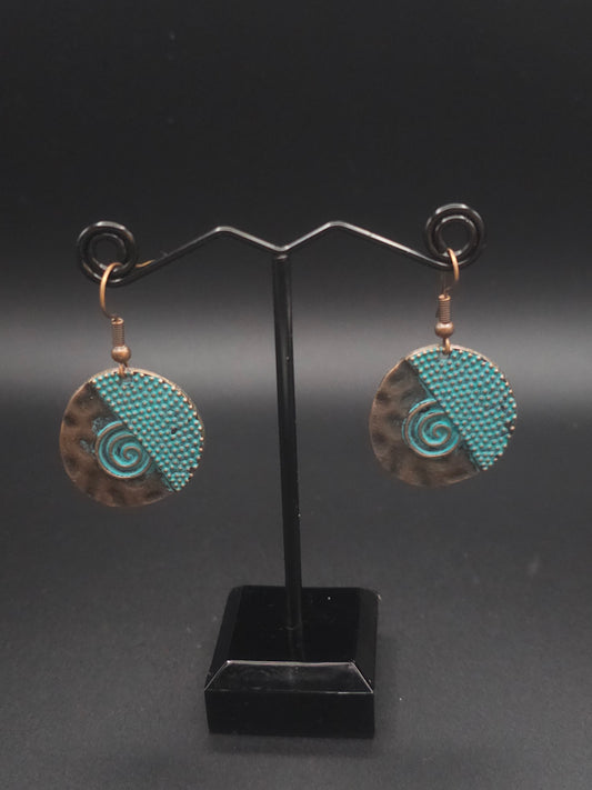 Round Half Patina Dots Half Patina Swirl Copper Drop Earrings. Very Unique!