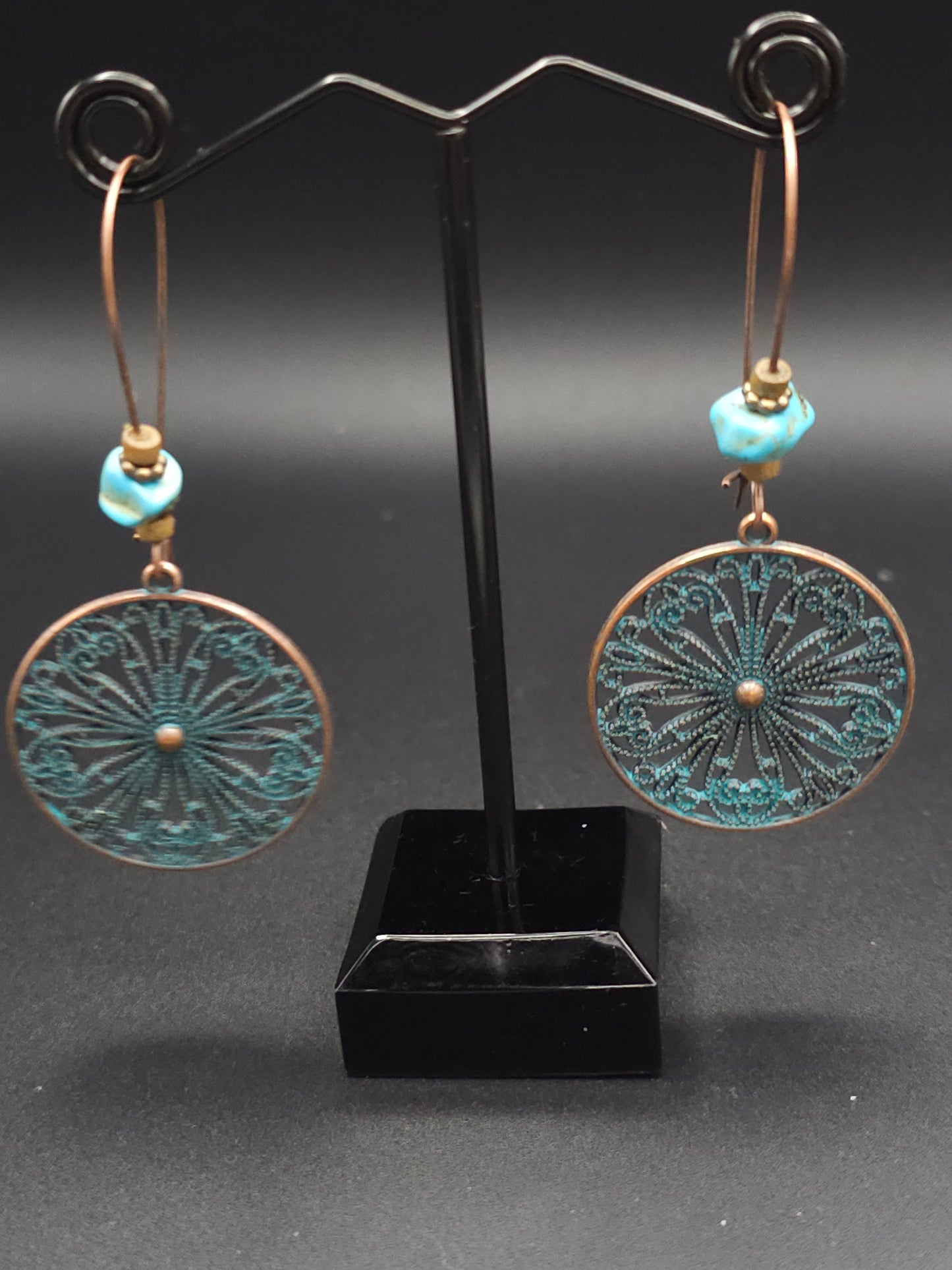 Copper Patina Round Flower Motif with a Turquoise Bead to Top Off These Beautiful Earrings