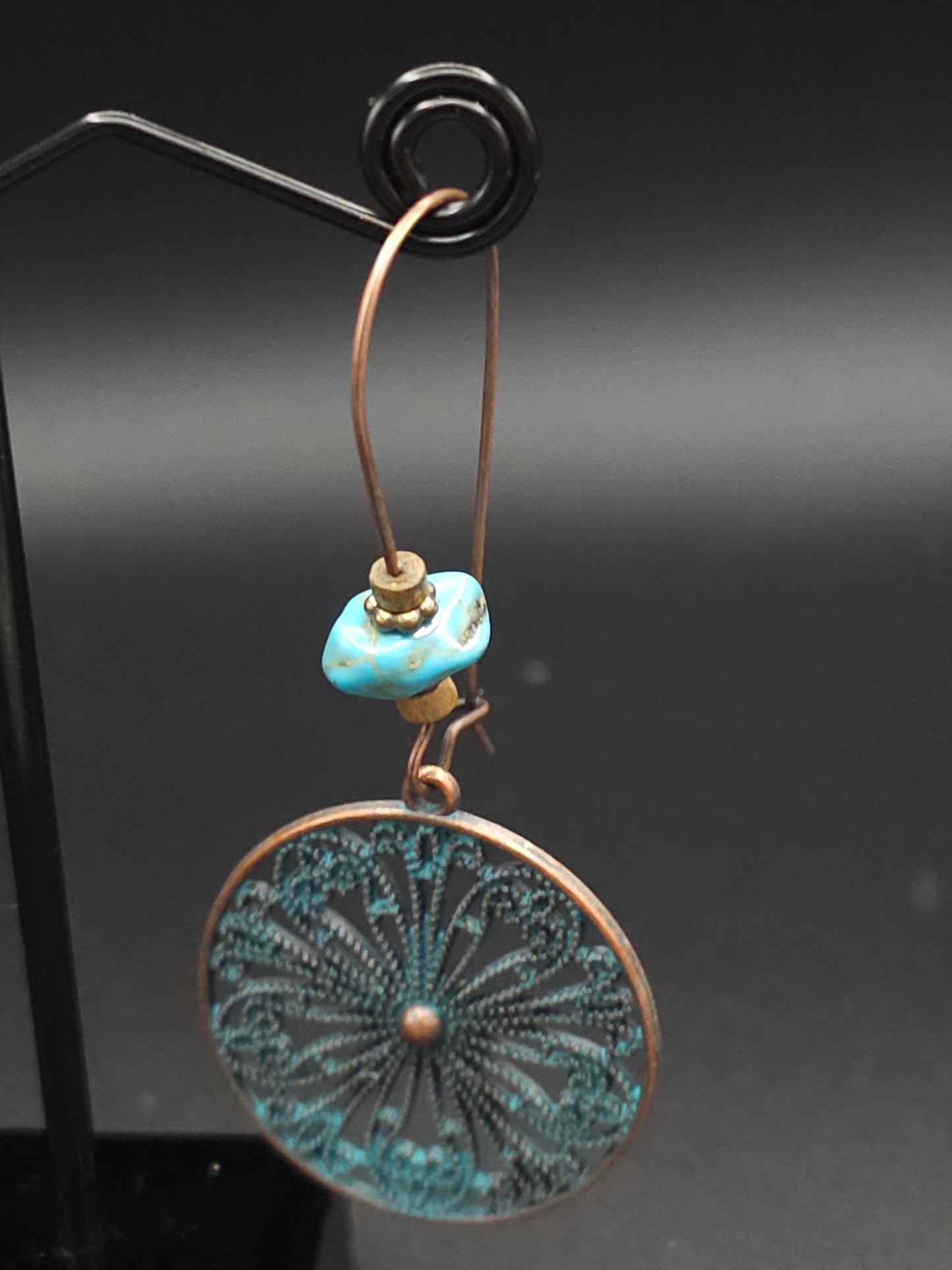 Copper Patina Round Flower Motif with a Turquoise Bead to Top Off These Beautiful Earrings