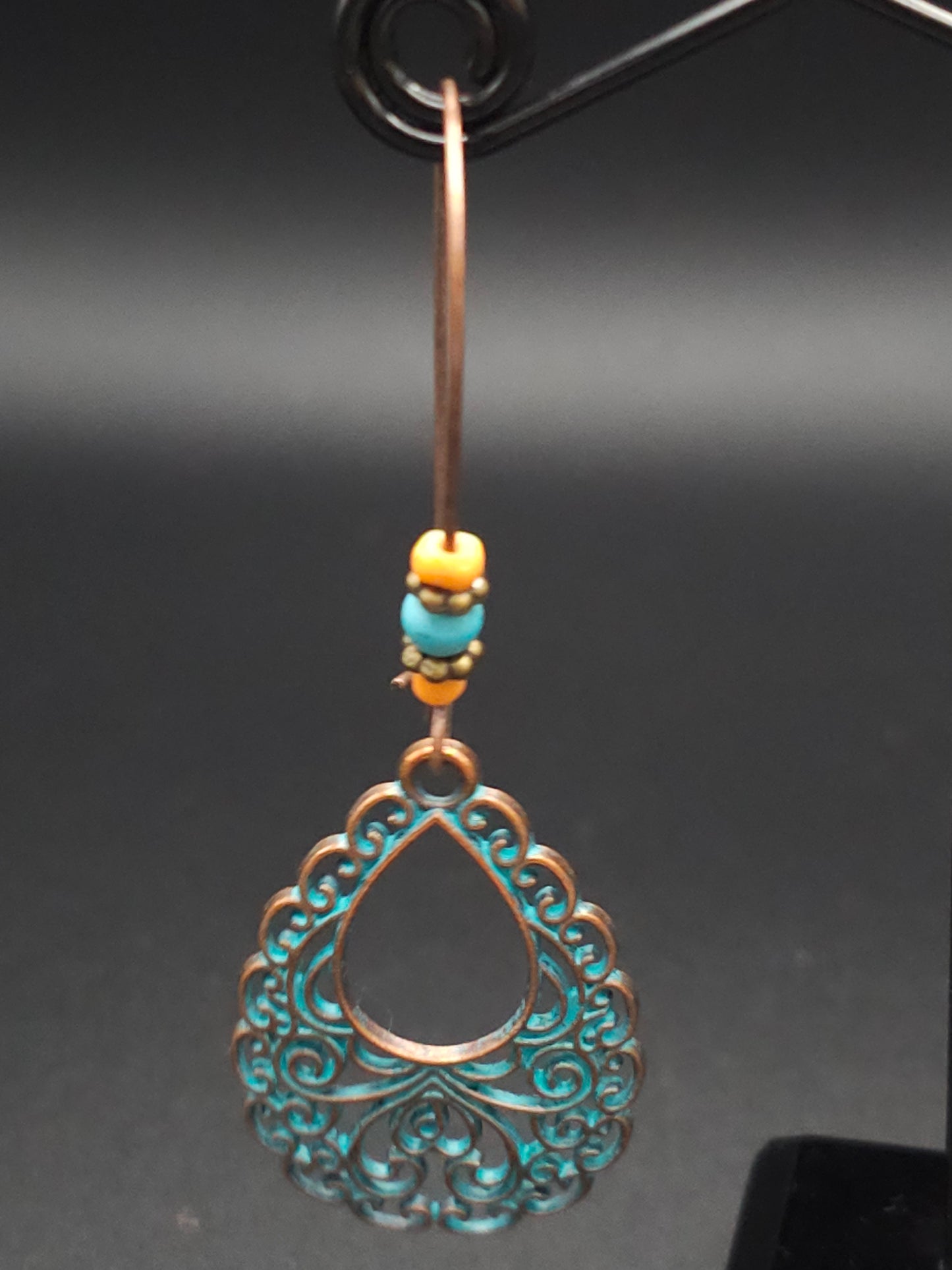 Copper Patina Teardrop Beaded Earrings With a Touch of Turquoise