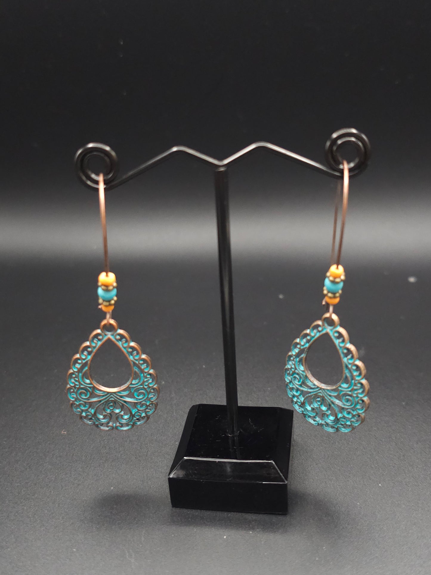 Copper Patina Teardrop Beaded Earrings With a Touch of Turquoise