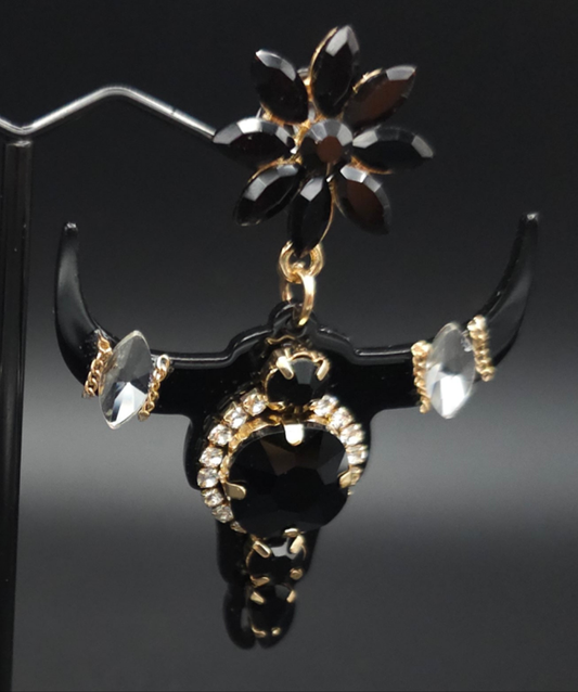 Super Blingy Black Buffalo Skull Earrings