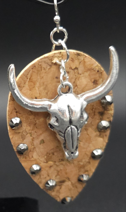 Silver and Tan Leather Studded Buffalo Skull Drop Earrings