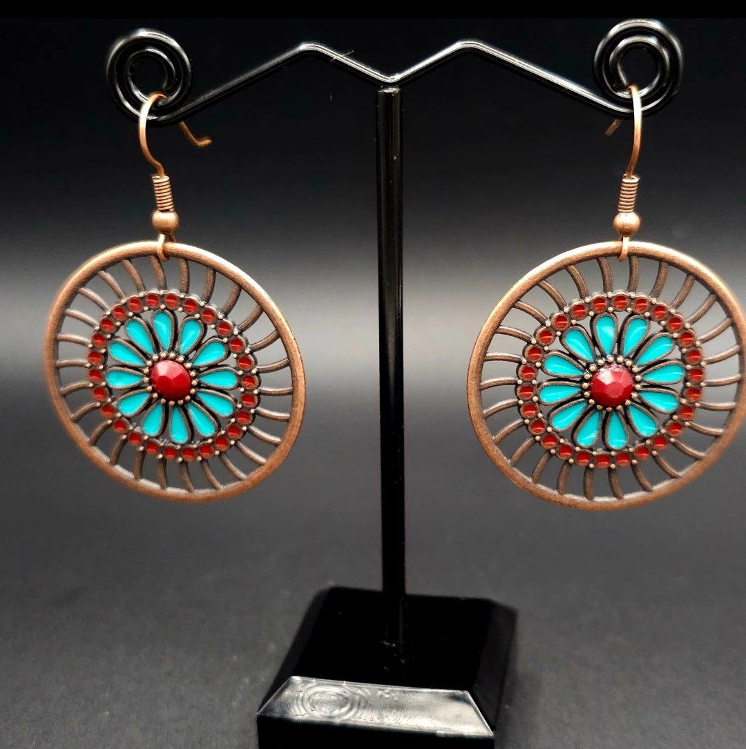 Colorful Wagon Wheel Shaped Copper Earrings With Red and Turquoise Accents