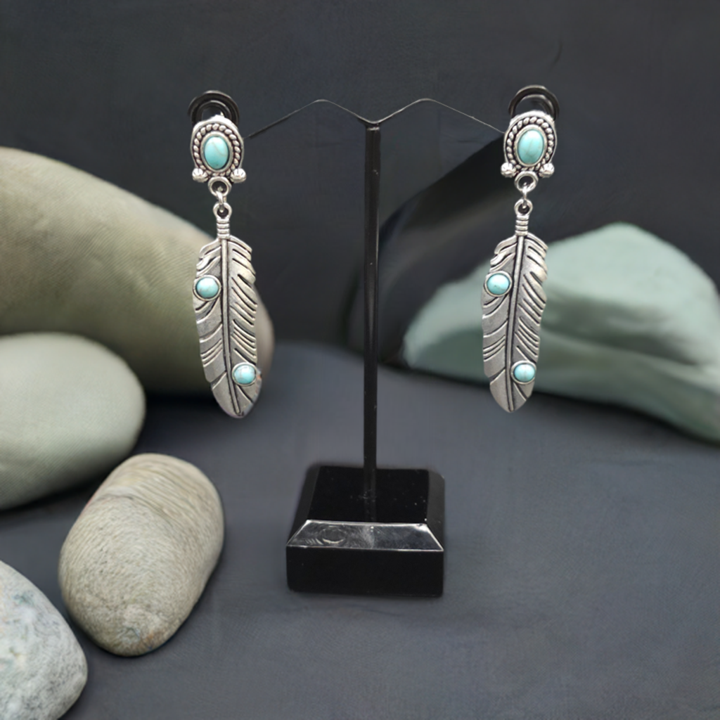 Beautiful Silver Feather Earrings with Turquoise Accents