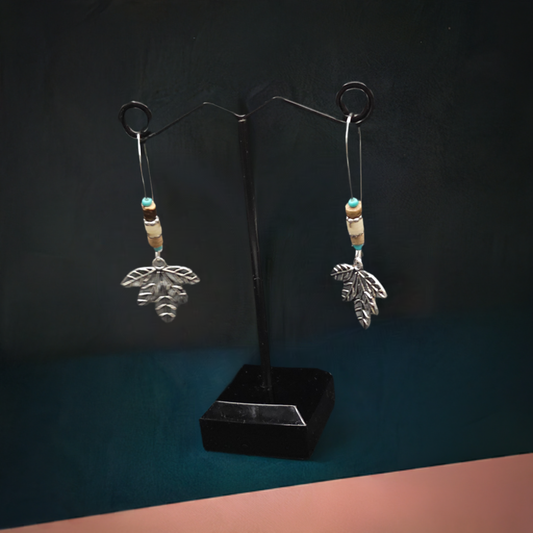 Beaded Silver Leaf Earrings With a Touch of Wood and Turquoise