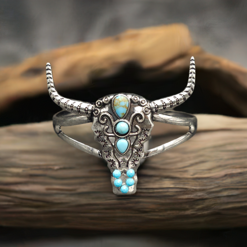 Buffalo Skull Silver Cuff Bracelet With the Perfect Touch Of Turquoise