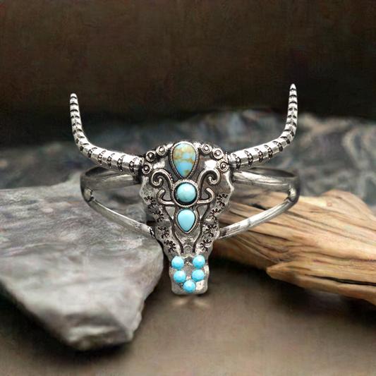 Buffalo Skull Silver Cuff Bracelet With the Perfect Touch Of Turquoise